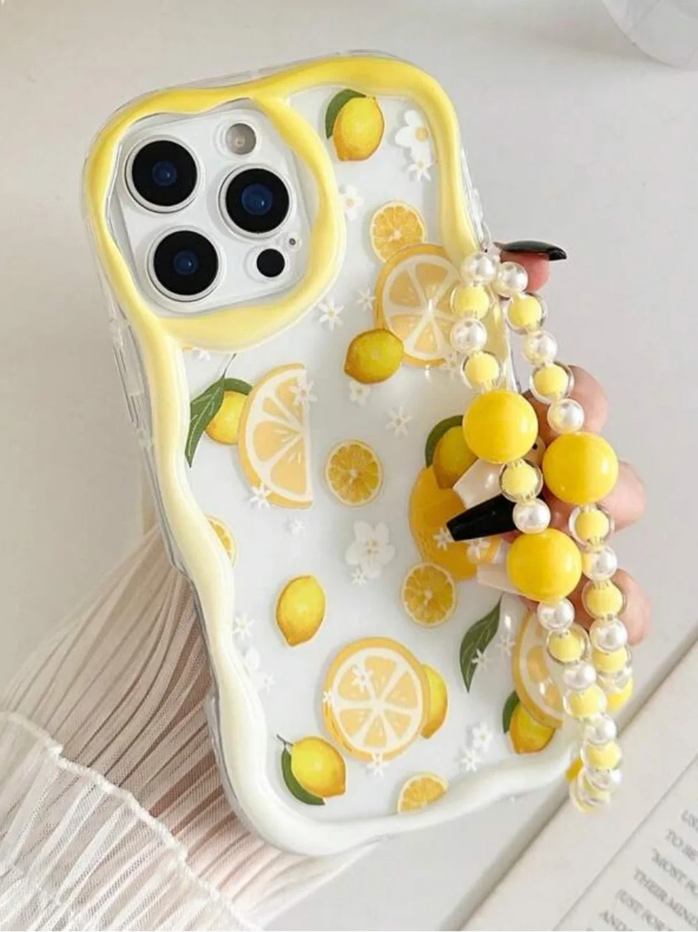 Clear Lemon Print Phone Case with Yellow Beaded Strap